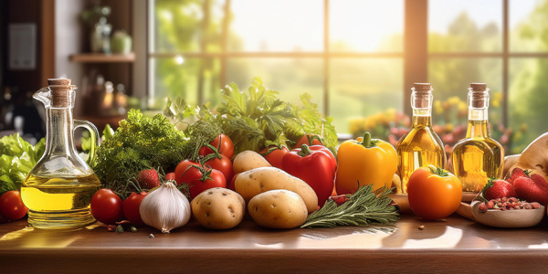Verschiedene frische Gemüsesorten, Kräuter, Knoblauch und Kartoffeln liegen auf einer Arbeitsfläche; daneben stehen Glasflaschen mit Öl.